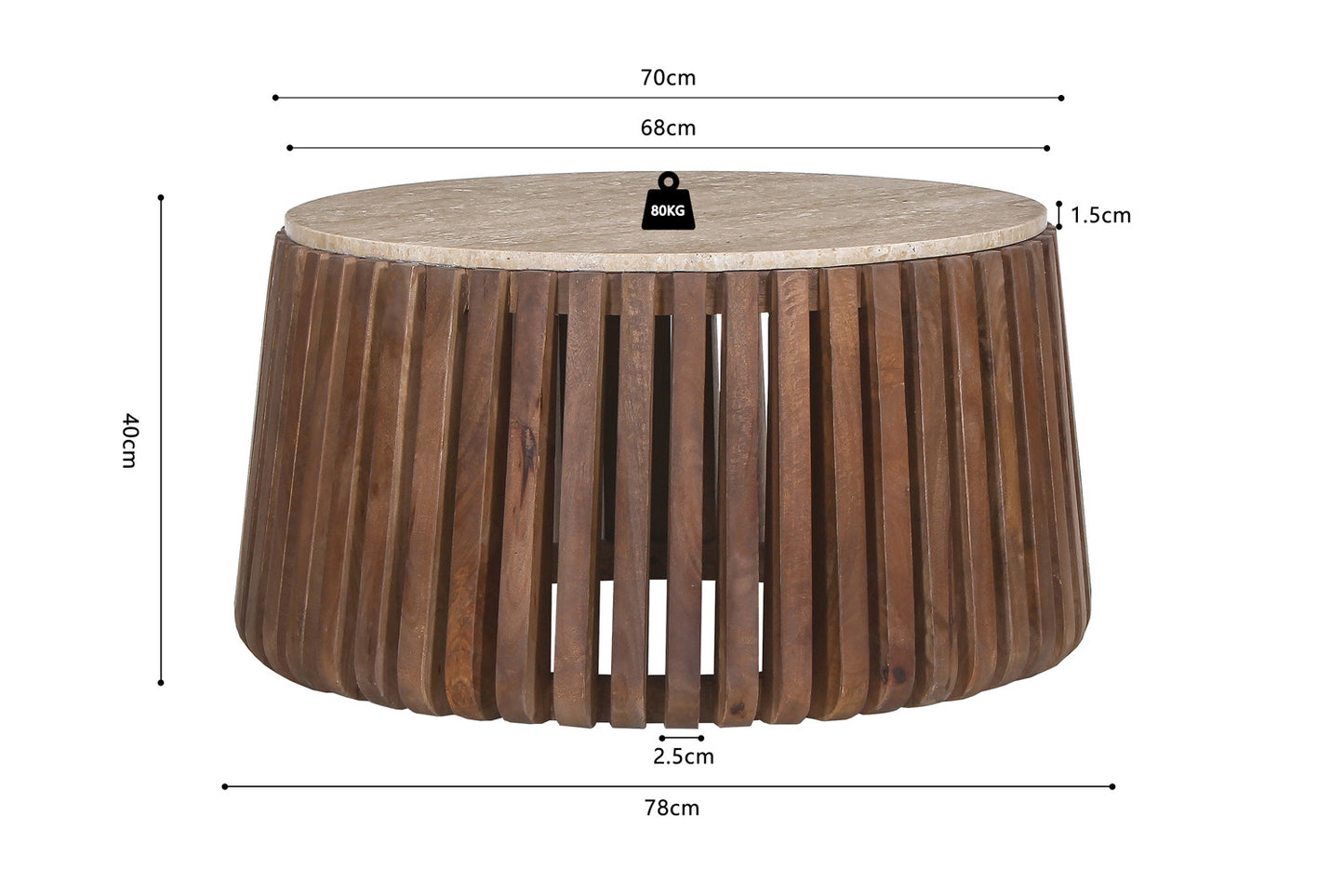 Salontafel mira 70 cm Rond Mango hout met Travertin Beige