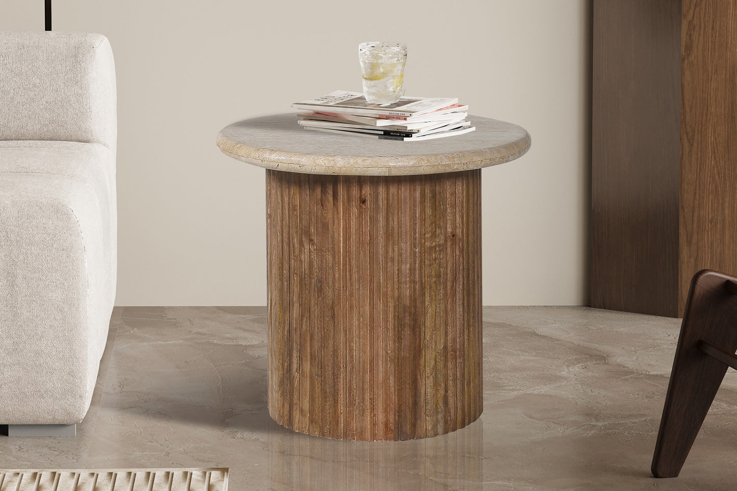 Bijzettafel arden 50 cm Mango hout met Travertin Beige