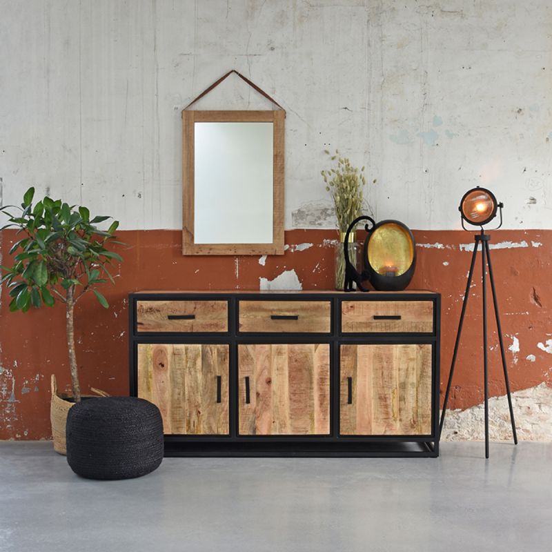 Dressoir Tampa 170x45x90 cm Rough Mangohout | Zwart Metaal