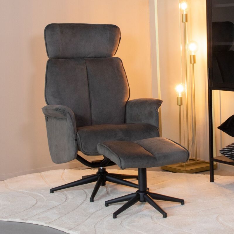 Relaxfauteuil Verdal + Hocker 77x79x109 cm Antraciet Cosmo | Zwart Metaal