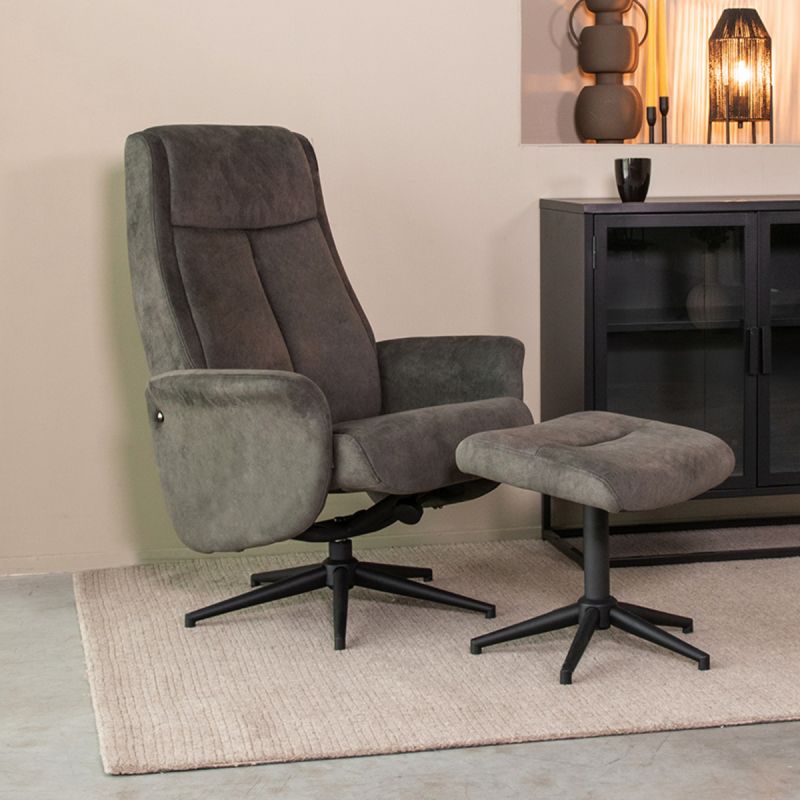 Relaxfauteuil Bergen + Hocker 77x76x105 cm Antraciet Cosmo | Zwart Metaal