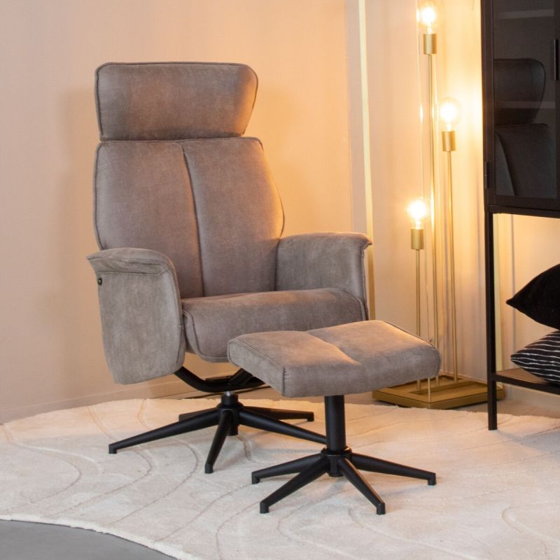 Relaxfauteuil Verdal + Hocker 77x79x109 cm Taupe Micro Suede | Zwart Metaal