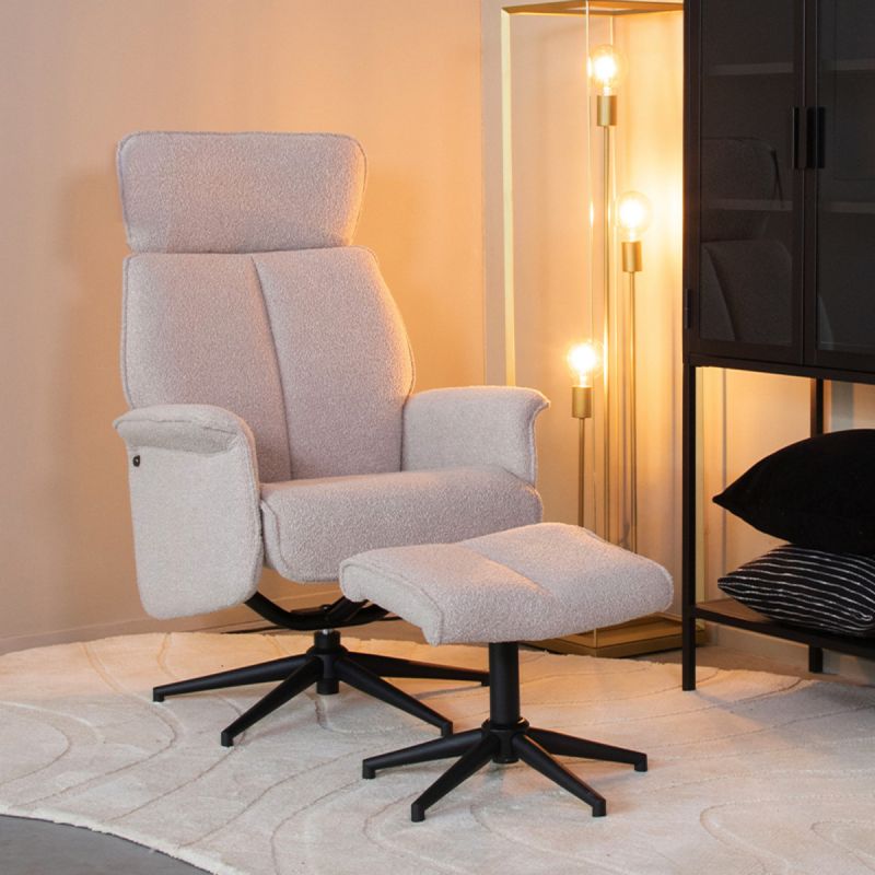 Relaxfauteuil Verdal + Hocker 77x79x109 cm Naturel Boucle | Zwart Metaal