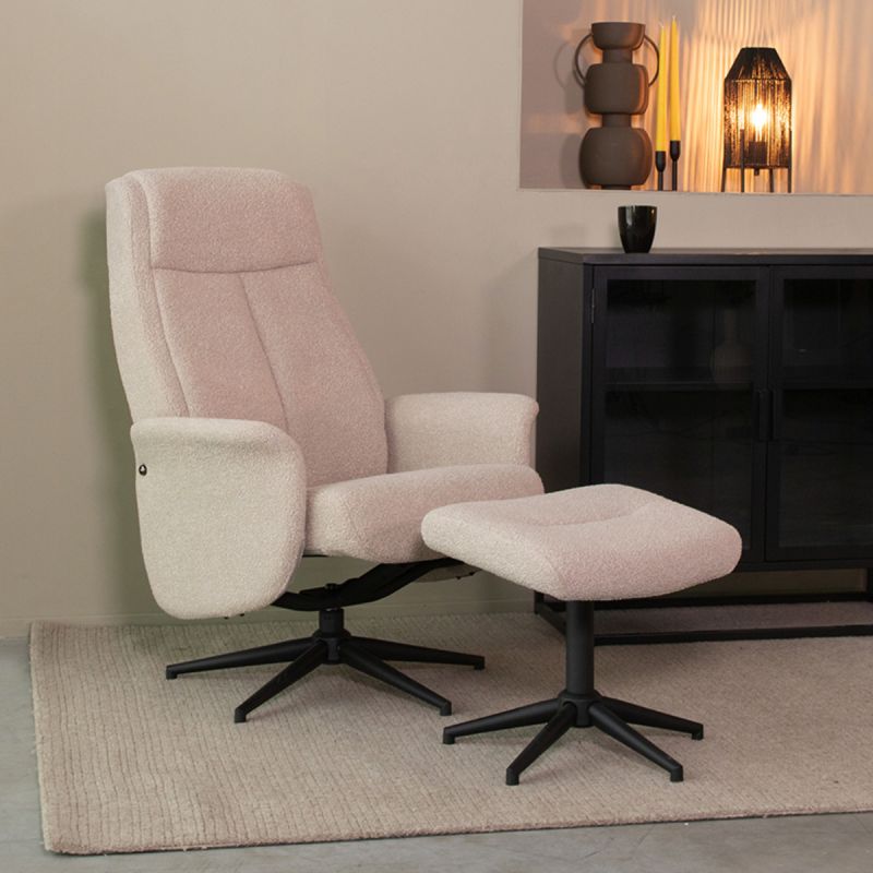 Relaxfauteuil Bergen + Hocker 77x76x105 cm Naturel Boucle | Zwart Metaal
