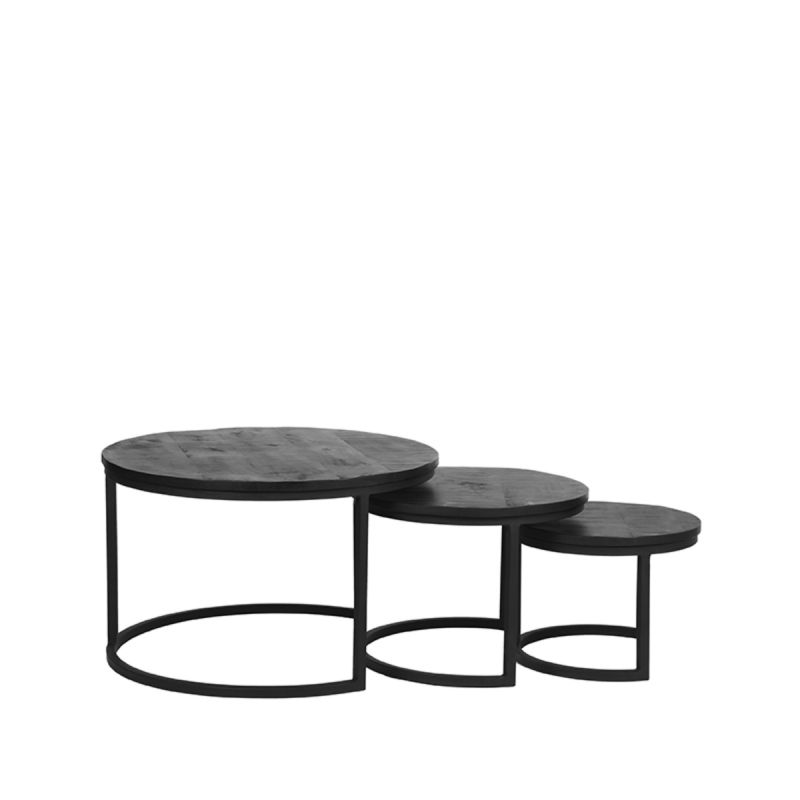Salontafel Set Triplet XL Zwart Mangohout | Zwart Metaal