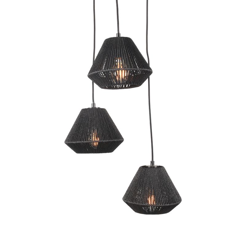 Hanglamp Ibiza Diamond 3-Lichts 30x30x150 cm Zwart Jute | Zwart Metaal