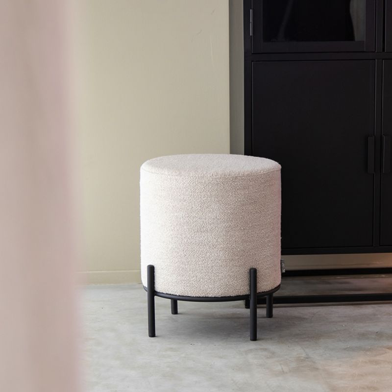 Poef Troy 43x43x48 cm| M Naturel Boucle | Zwart Metaal