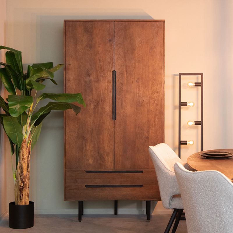 Hoge Kast Rio 2-Deurs 100x40x200 cm Espresso Mangohout | Zwart Metaal