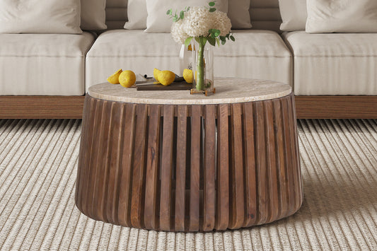Salontafel mira 70 cm Rond Mango hout met Travertin Beige
