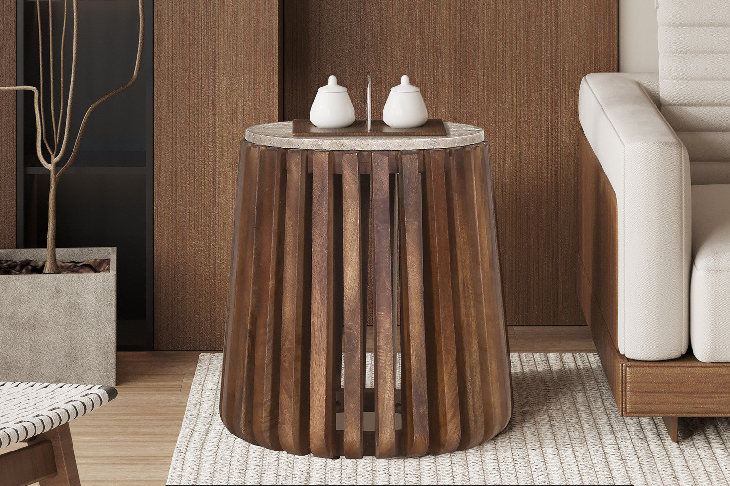 Bijzettafel mira 40 cm Rond Mango hout met Travertin Beige