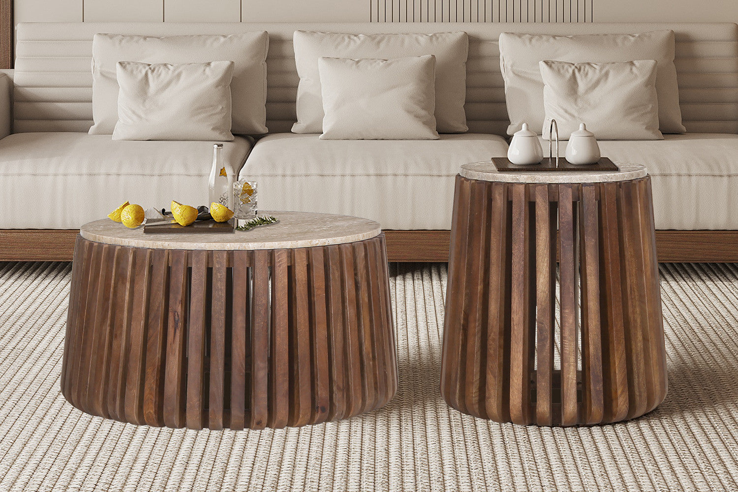 Bijzettafel mira 40 cm Rond Mango hout met Travertin Beige