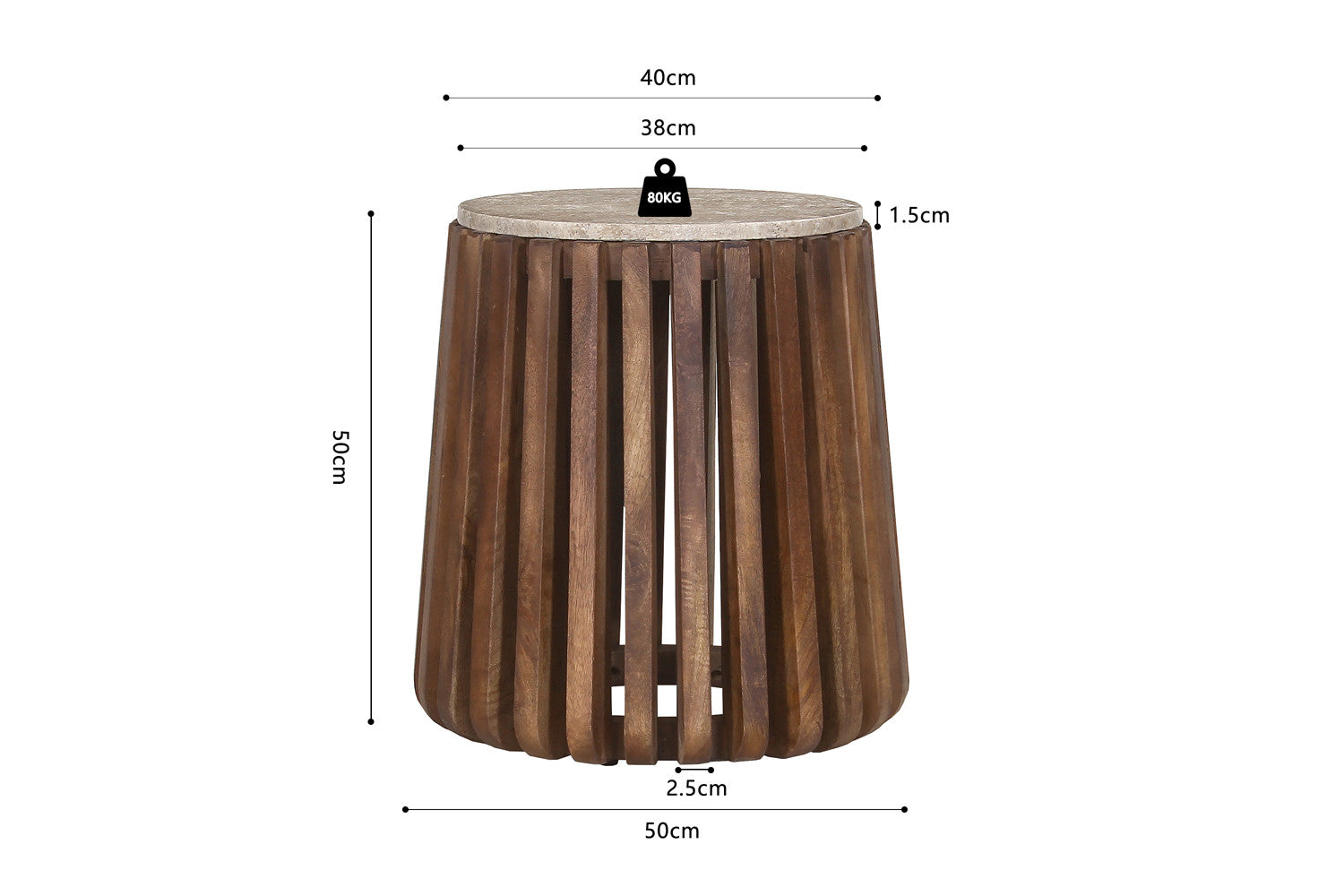 Bijzettafel mira 40 cm Rond Mango hout met Travertin Beige