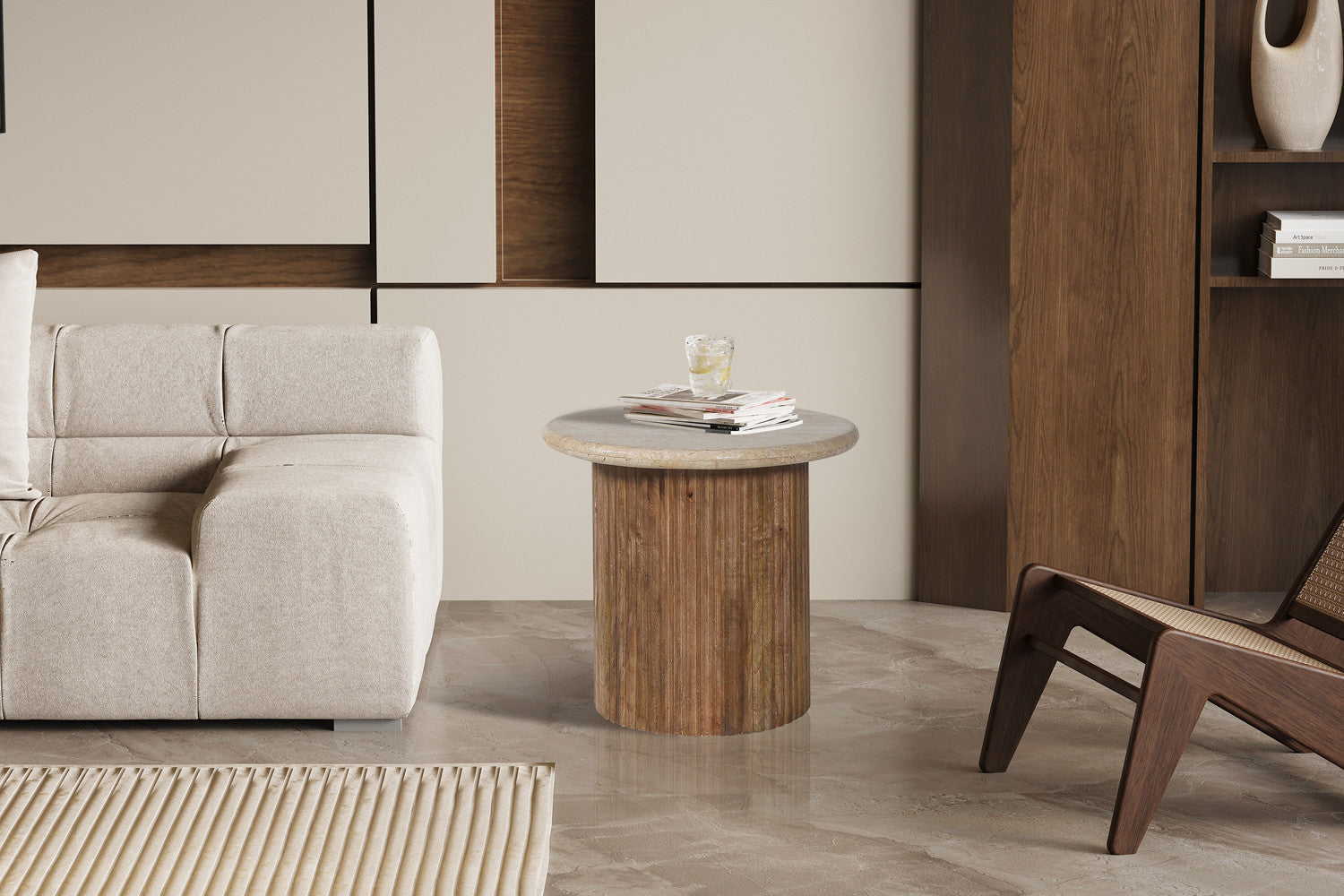 Bijzettafel arden 50 cm Mango hout met Travertin Beige