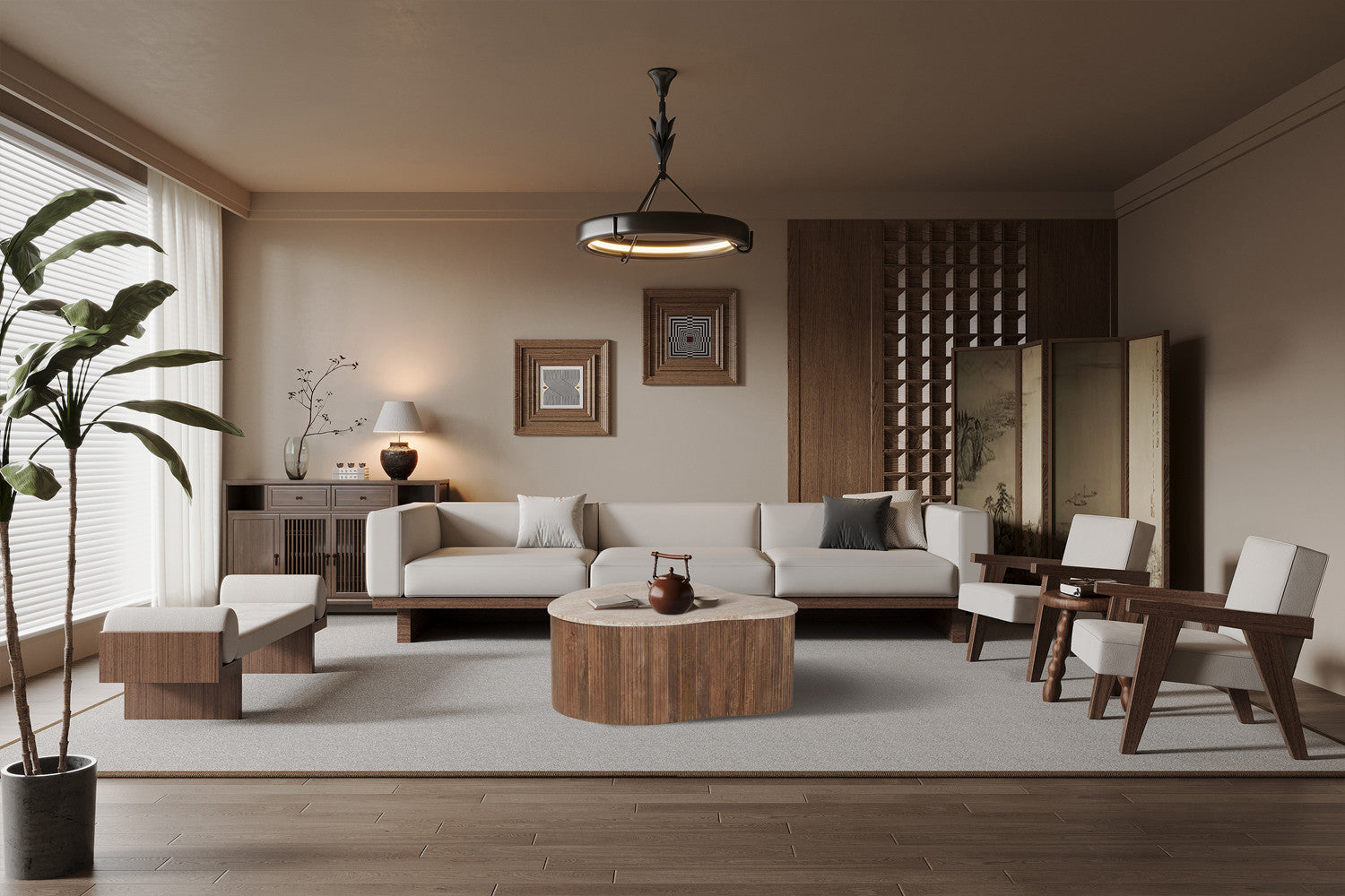 Salontafel Nova 83 cm Mango hout met Travetin Beige