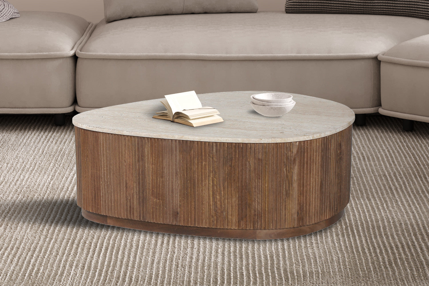 Salontafel castel 100 cm Mango hout met Travetin Beige