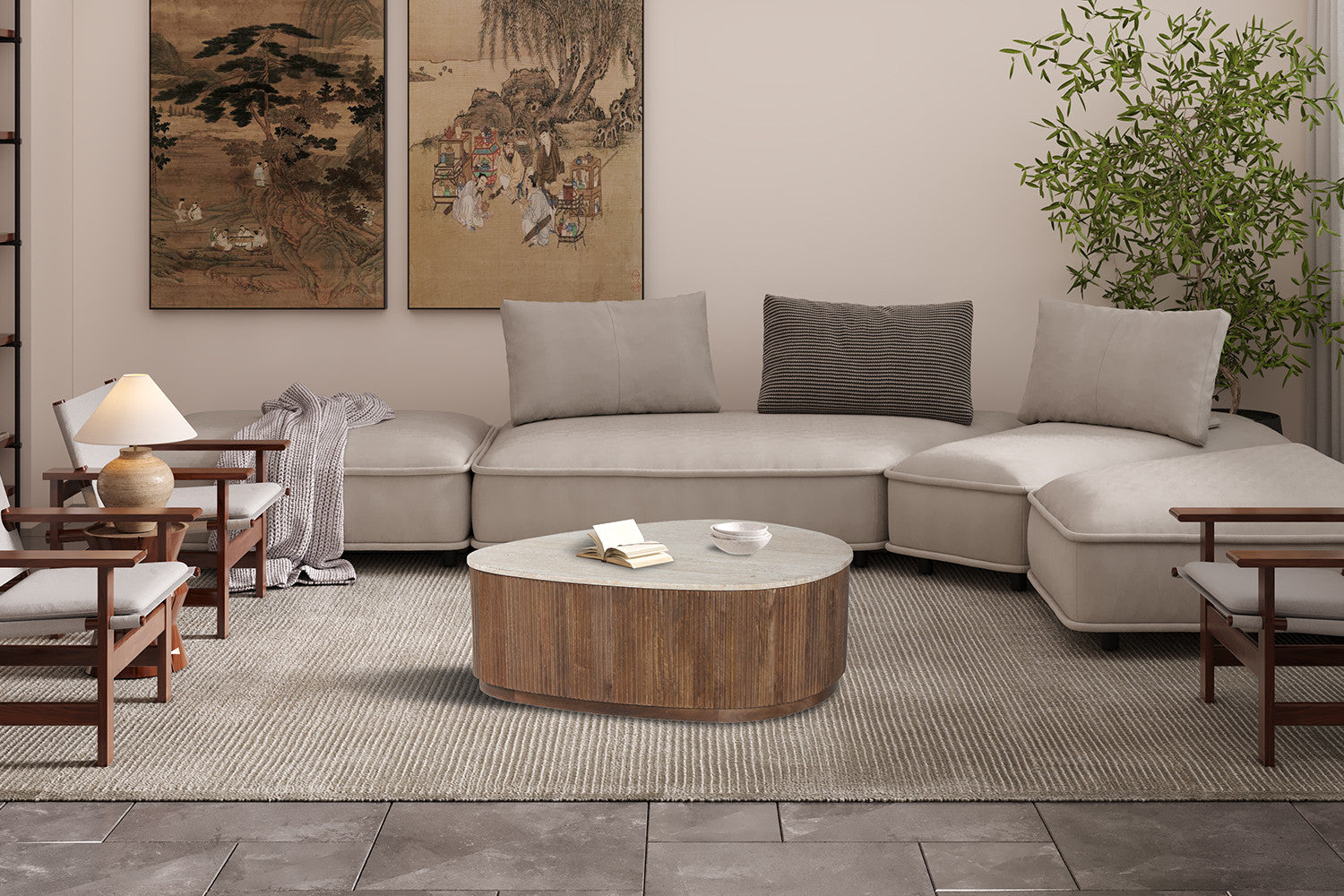 Salontafel castel 100 cm Mango hout met Travetin Beige