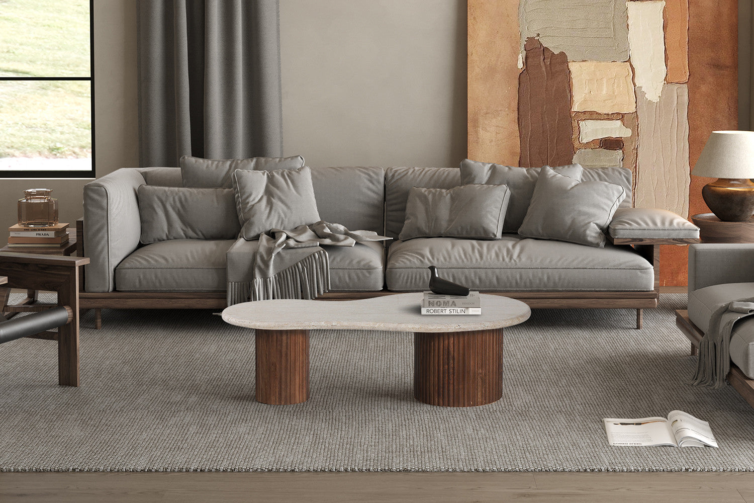 Salontafel linea 120 cm Mango hout met Travertin Beige