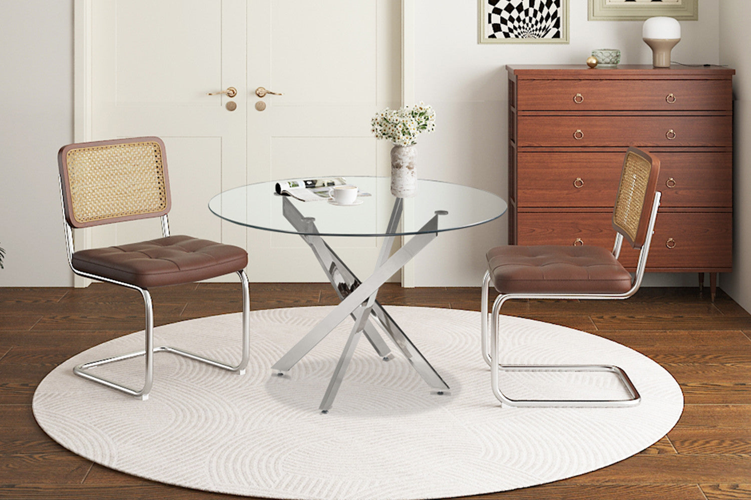 Tafel deeds 120 cm Rond Glas, Poten Chroom