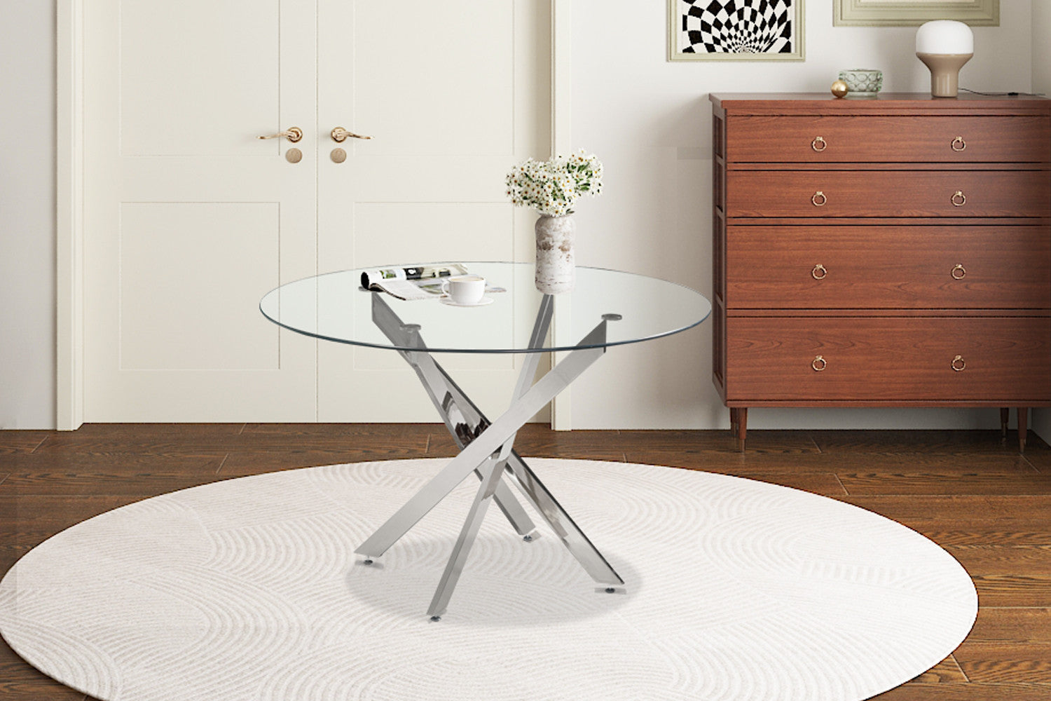 Tafel deeds 120 cm Rond Glas, Poten Chroom
