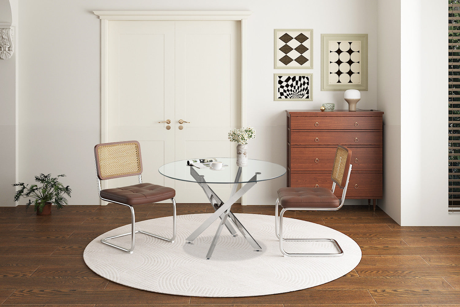 Tafel deeds 120 cm Rond Glas, Poten Chroom