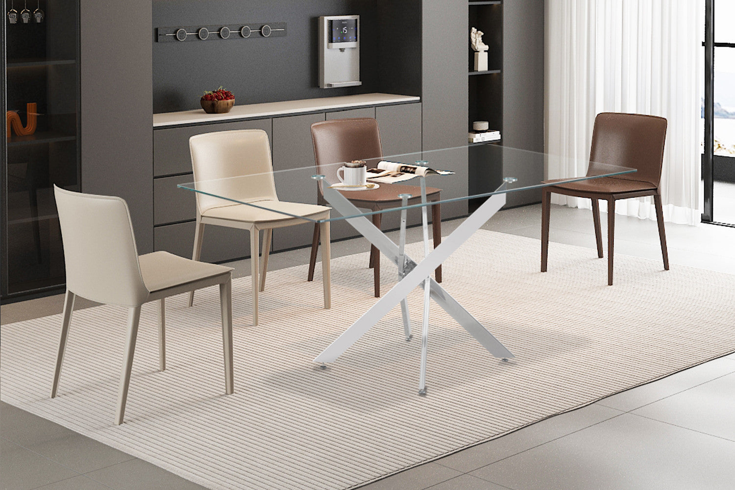 Tafel deeds 160 cm Glas, Poten Chroom