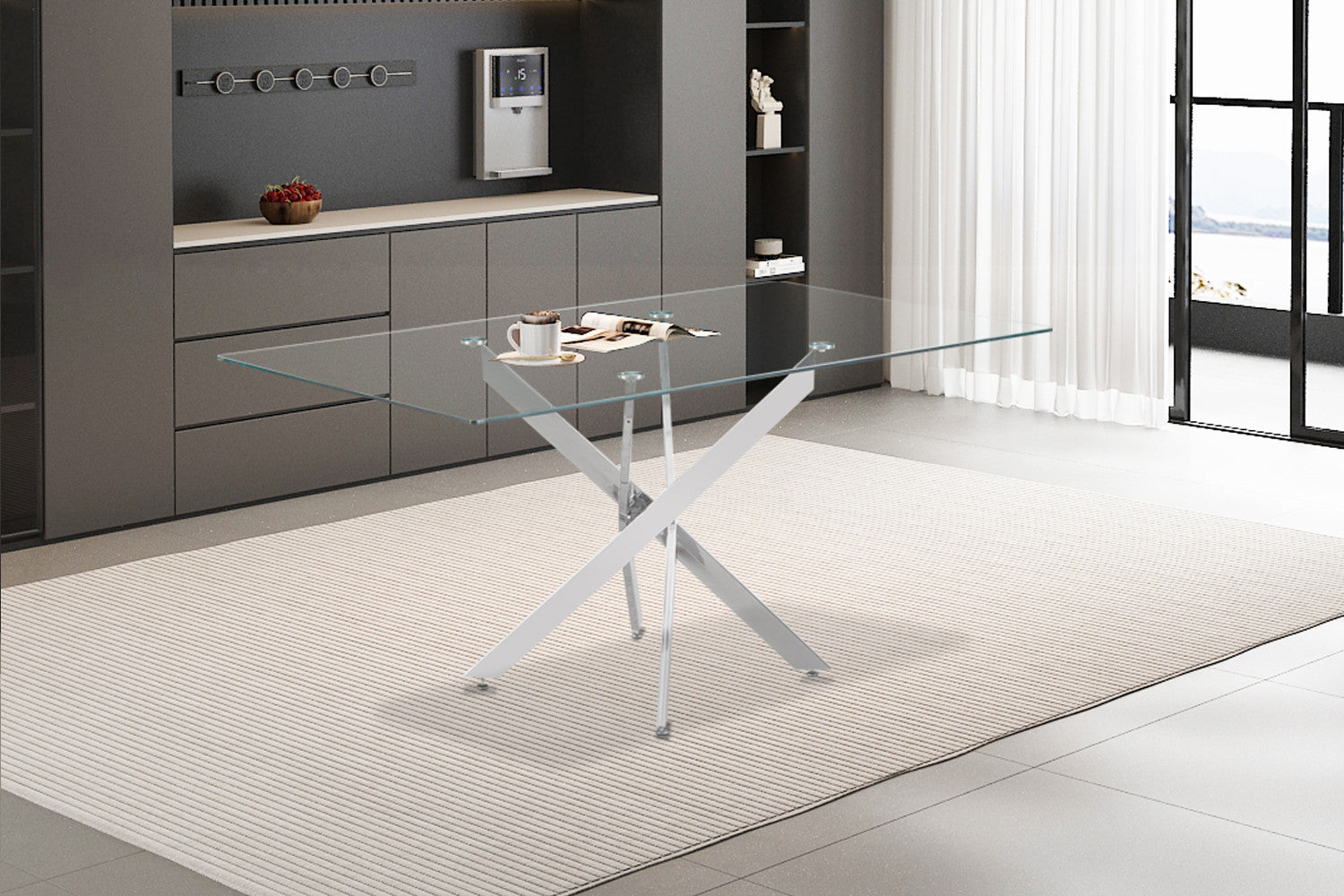 Tafel deeds 160 cm Glas, Poten Chroom