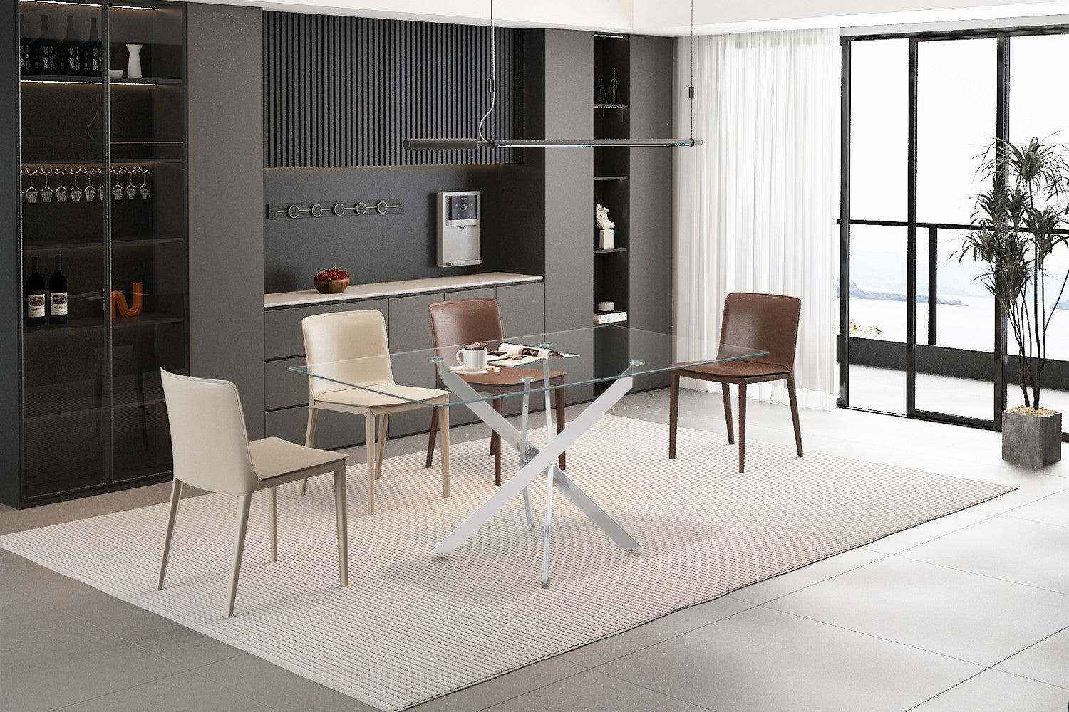 Tafel deeds 160 cm Glas, Poten Chroom