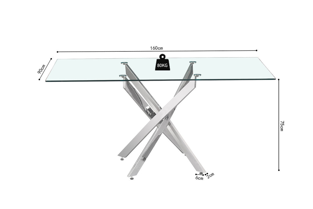 Tafel deeds 160 cm Glas, Poten Chroom