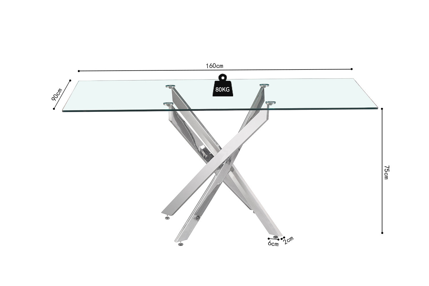 Tafel deeds 160 cm Glas, Poten Chroom