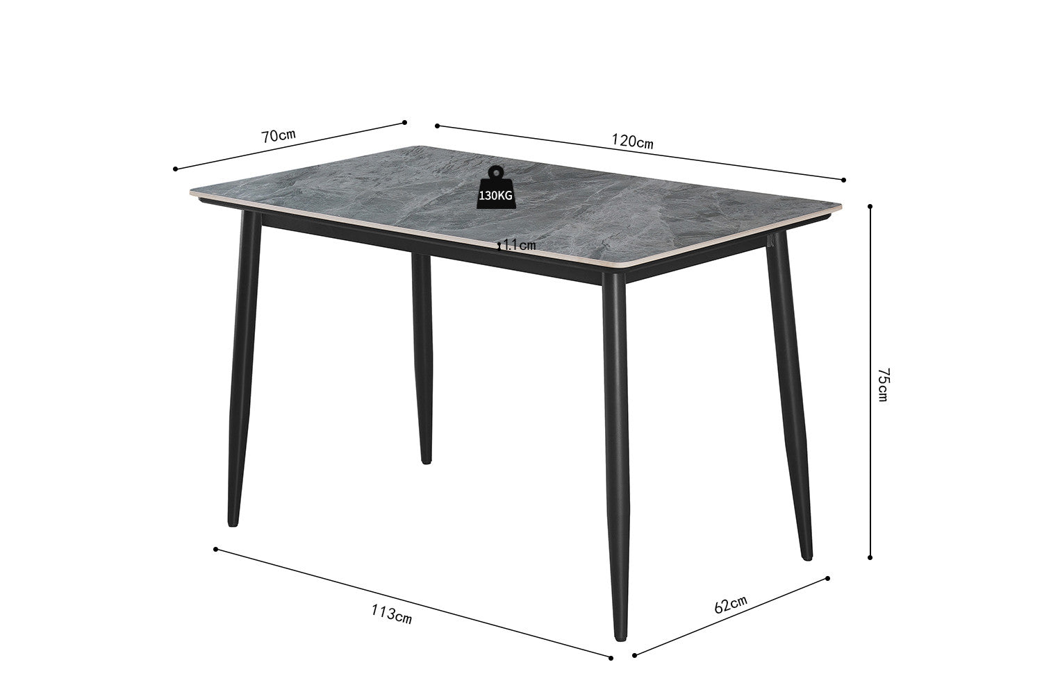 Tafel hue 120 cm Rechthoekig Steen Grijs