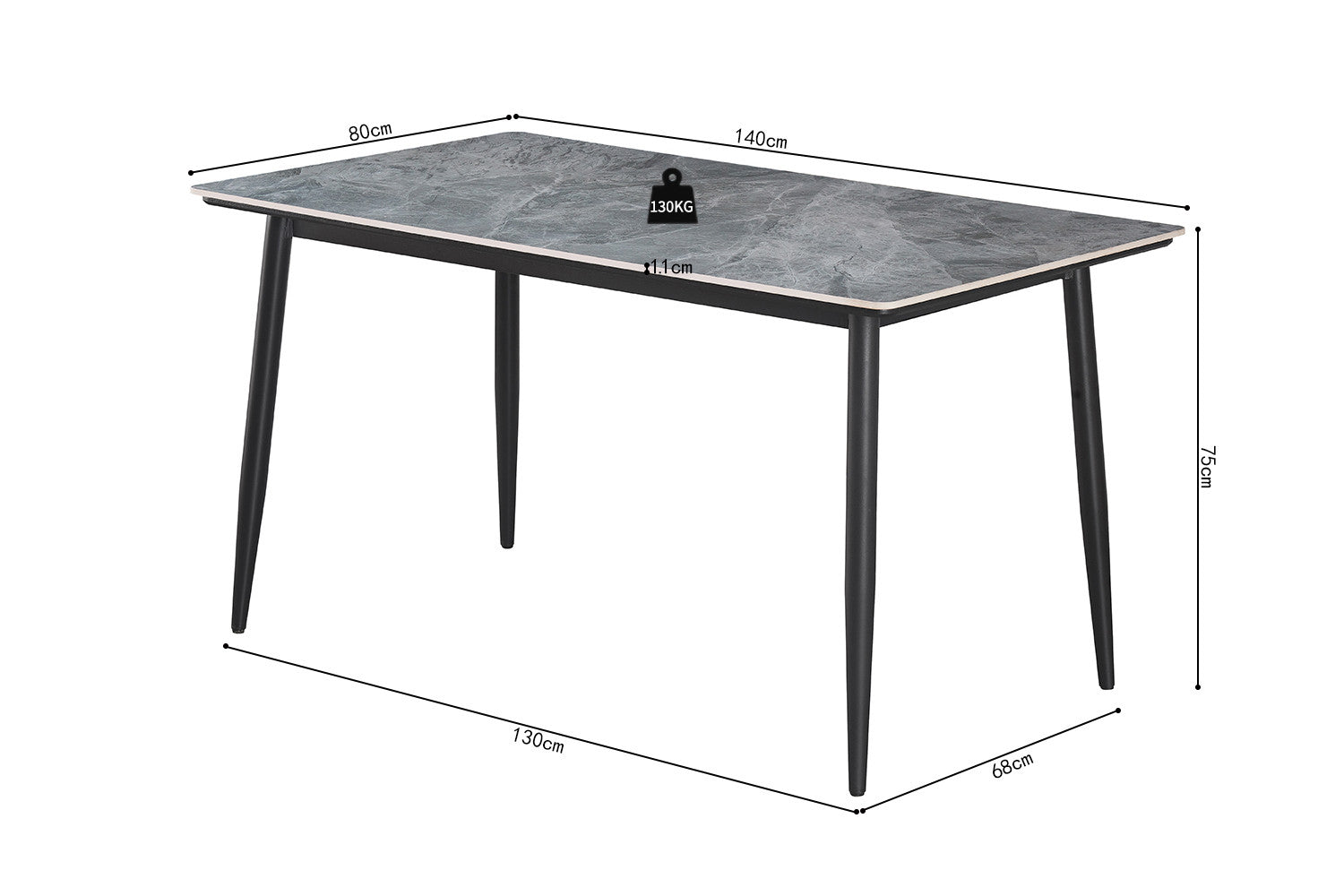Tafel hue 140 cm Rechthoekig Steen Grijs
