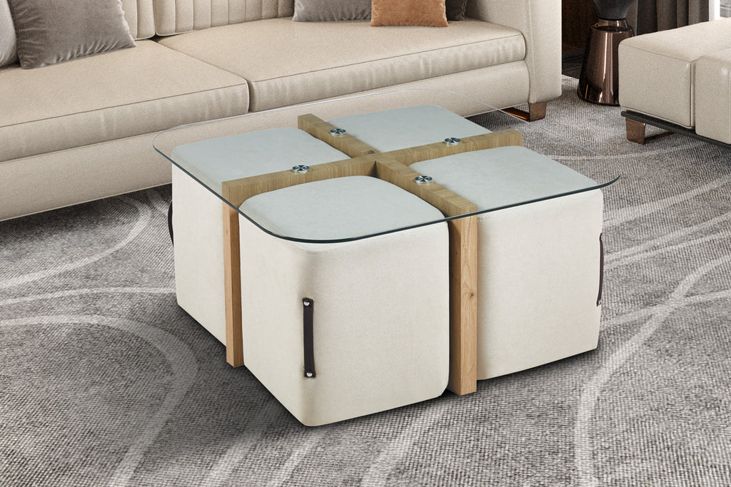 Salontafel lunor met 4 poefs stof Decor Oude eik