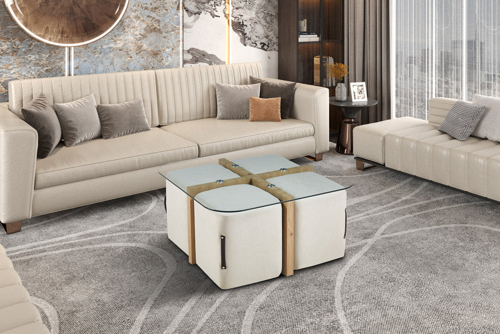 Salontafel lunor met 4 poefs stof Decor Oude eik