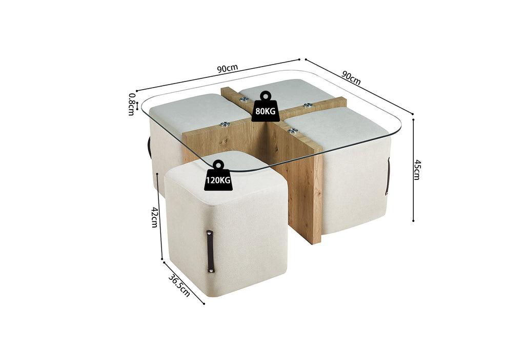 Salontafel lunor met 4 poefs stof Decor Oude eik