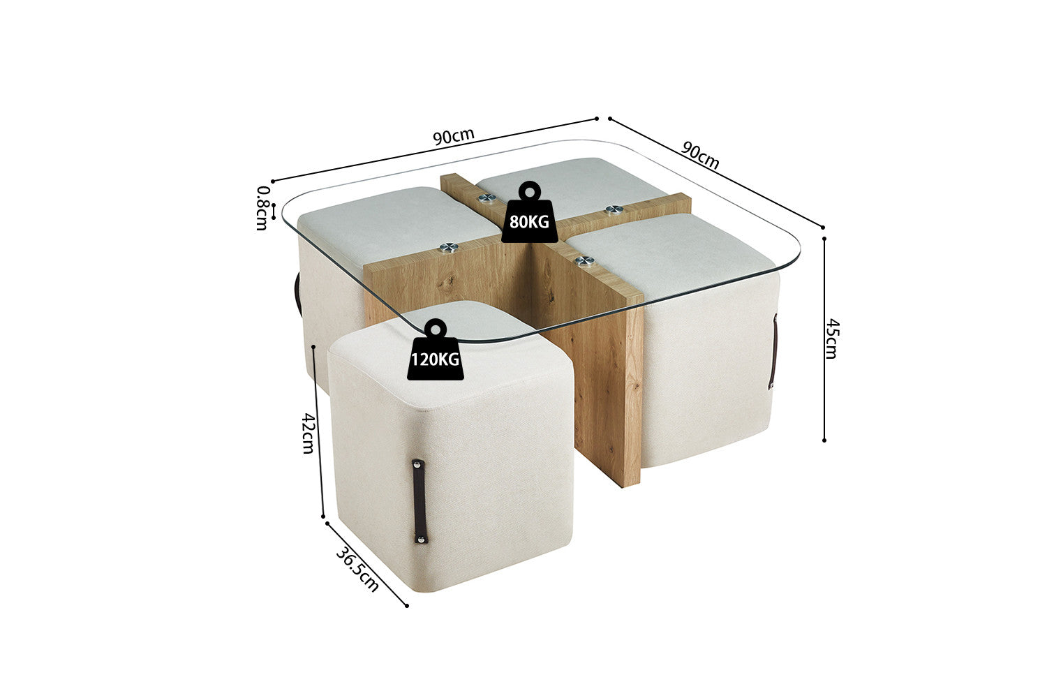 Salontafel lunor met 4 poefs stof Decor Oude eik