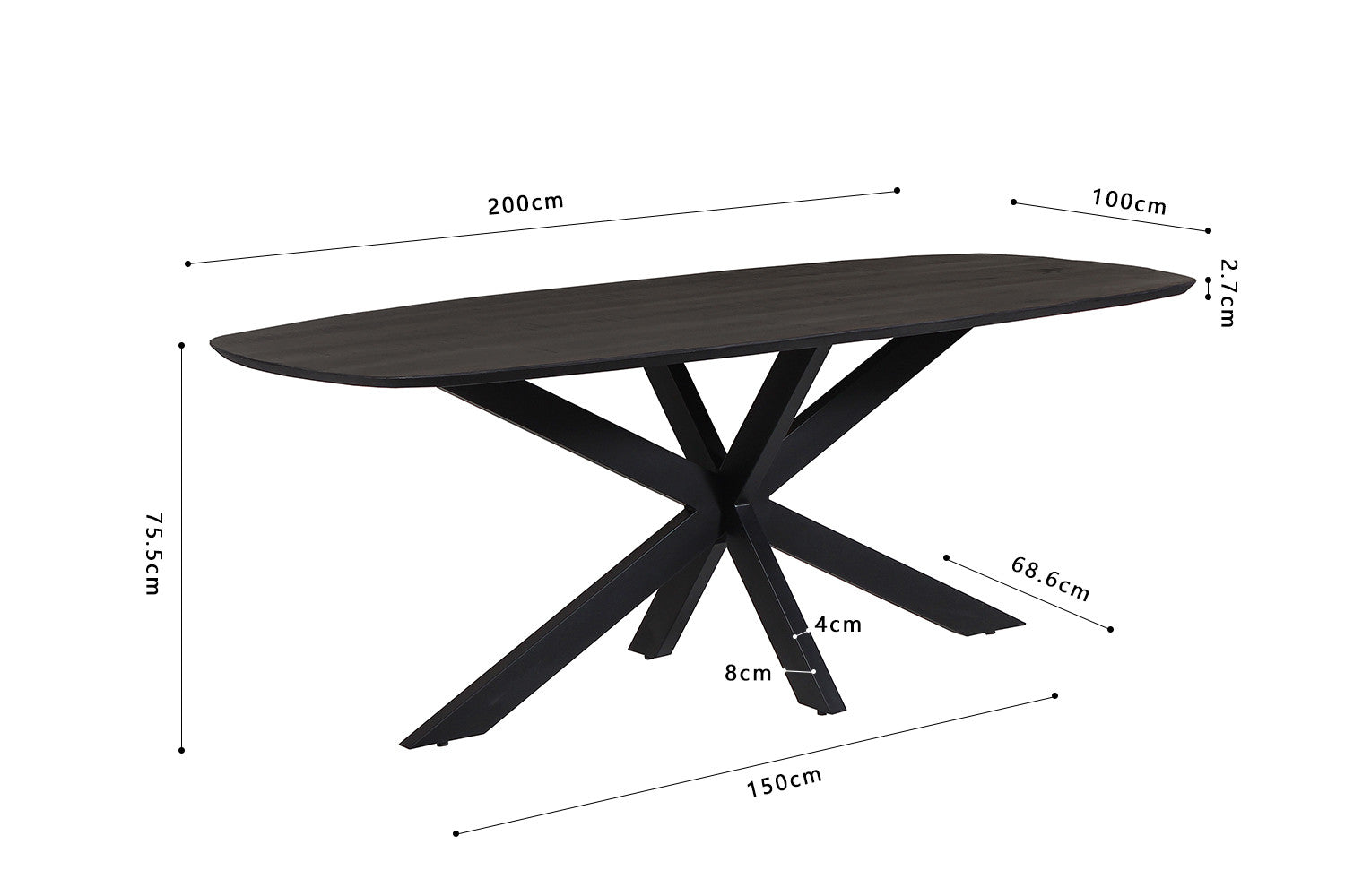 Tafel pacific 200 cm Spider-poot Ovaal Mango hout Zwart