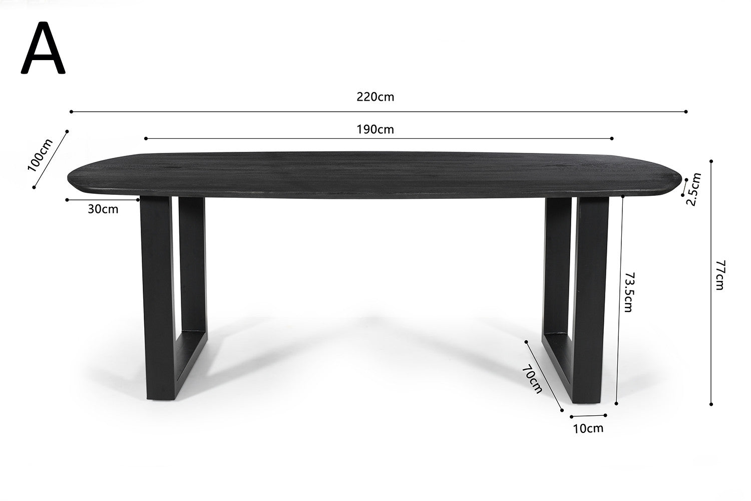 Tafel virtuo 220x100 cm Deens Ovaal U-Poot Mango hout Zwart