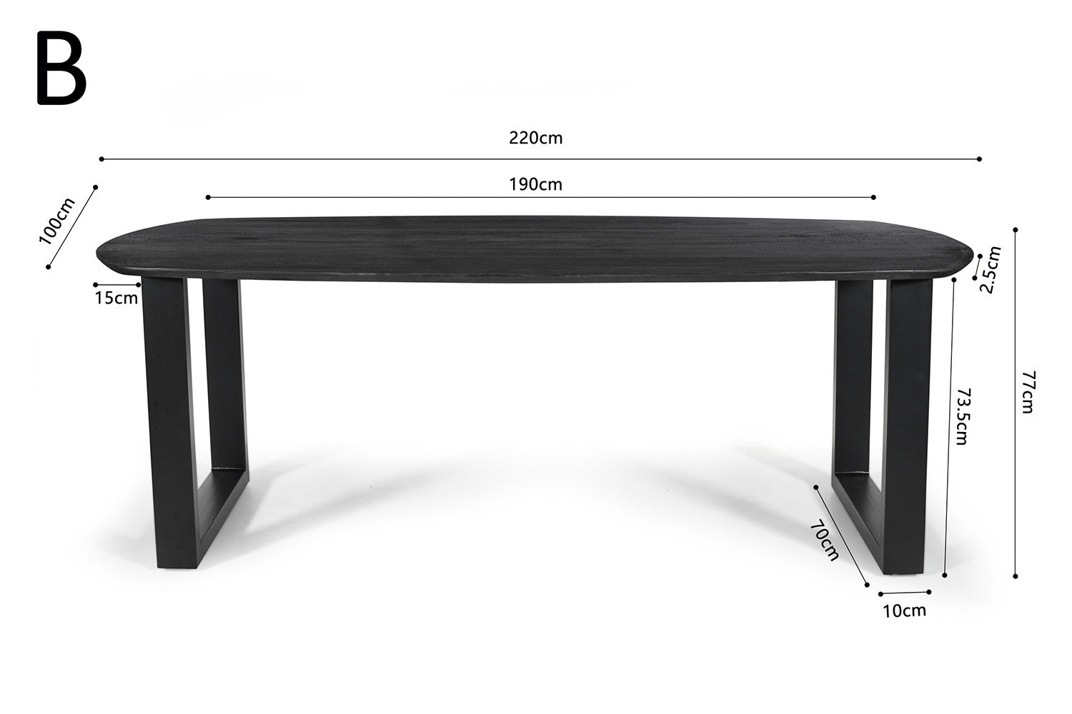 Tafel virtuo 220x100 cm Deens Ovaal U-Poot Mango hout Zwart