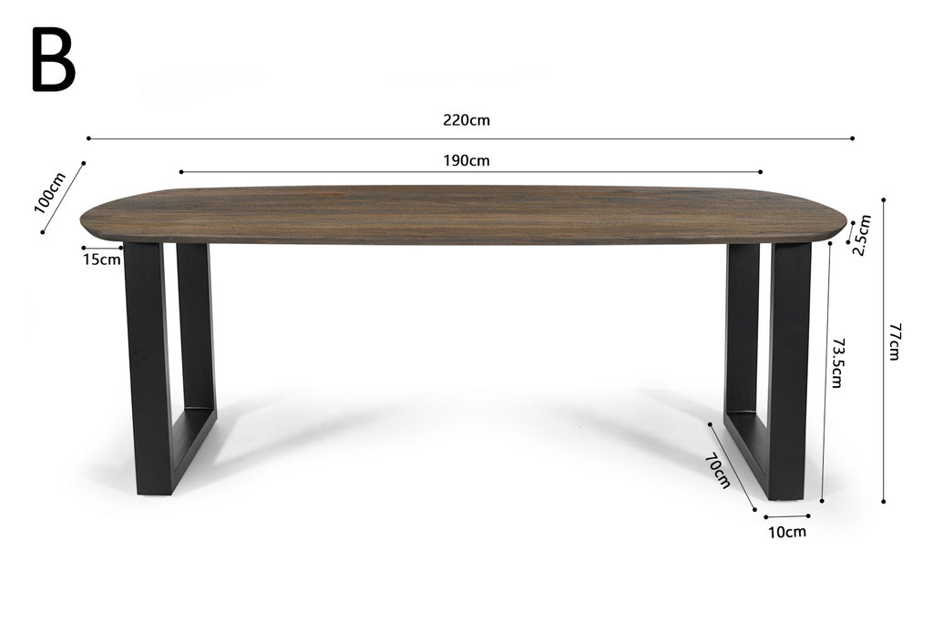 Tafel virtuo 220x100 cm Deens Ovaal U-Poot Mango hout Tabaco
