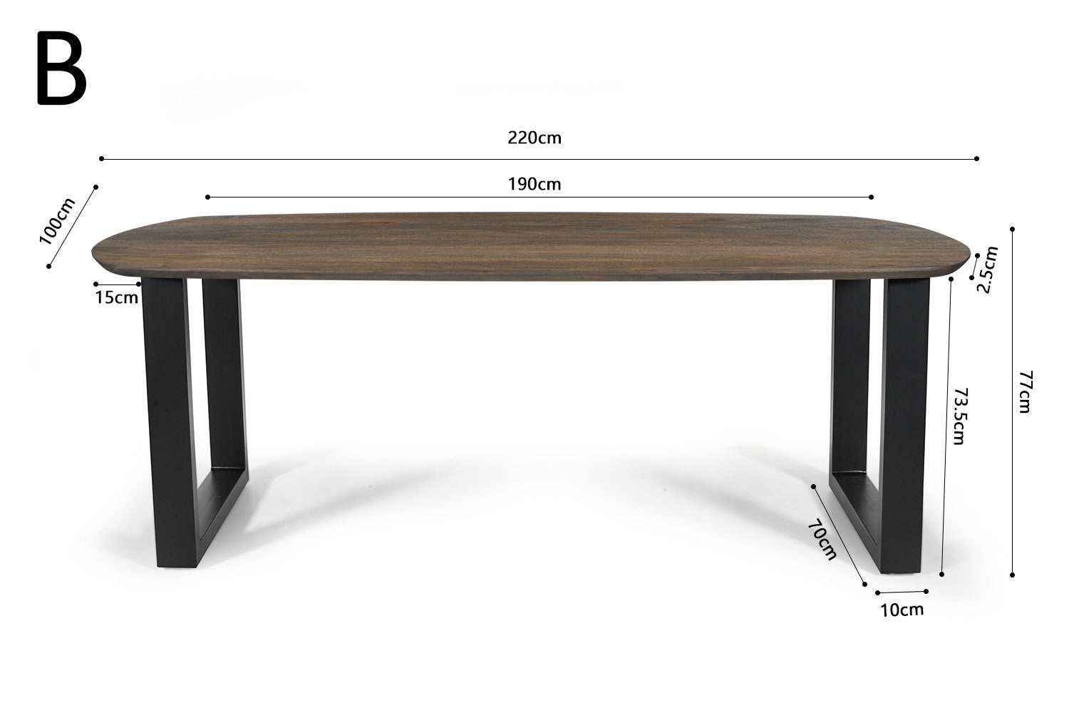 Tafel virtuo 220x100 cm Deens Ovaal U-Poot Mango hout Tabaco