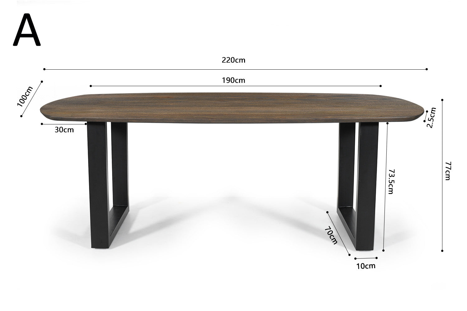 Tafel virtuo 220x100 cm Deens Ovaal U-Poot Mango hout Tabaco