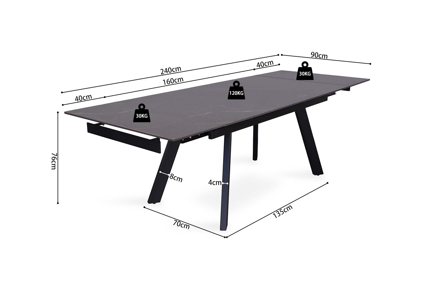 Uitschuifbare tafel tilana 160-240 cm Rechthoekig Steen Zwart
