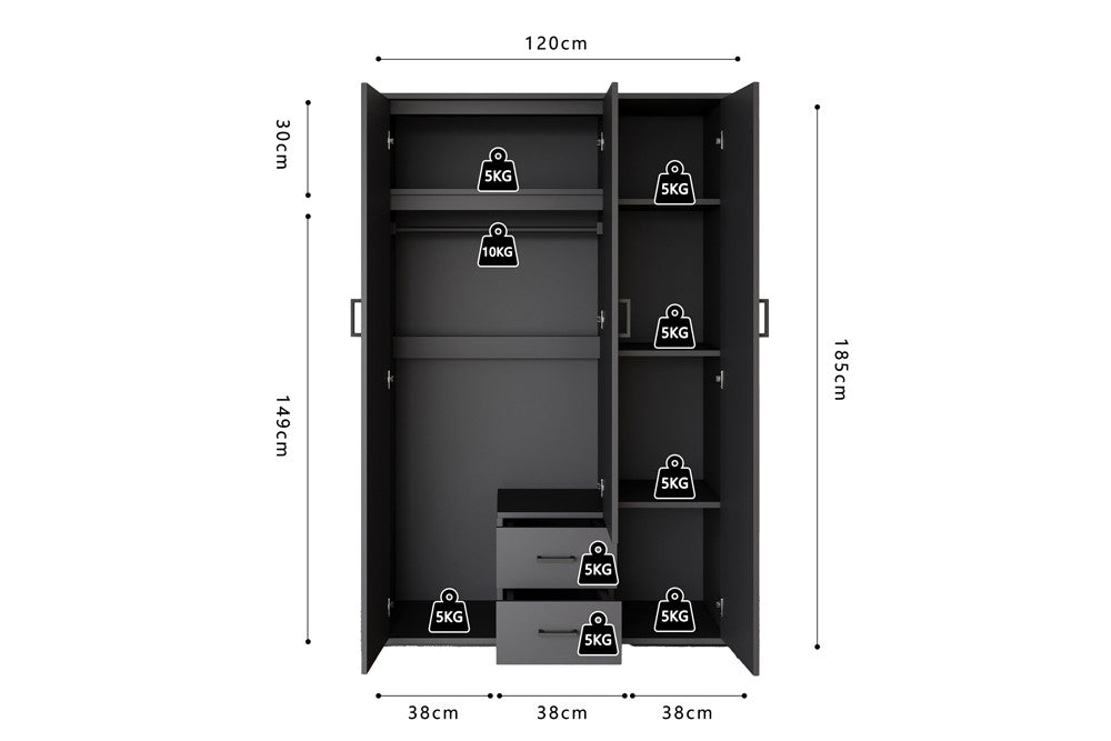 Kledingkast 'Marc' 3 deuren met spiegel Donkergrijs