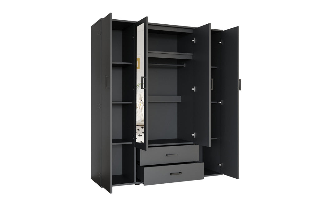 Kledingkast 'Marc' 4 deuren met 2 spiegels Donkergrijs