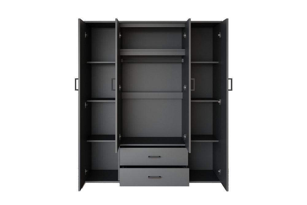 Kledingkast 'Marc' 4 deuren met 2 spiegels Donkergrijs