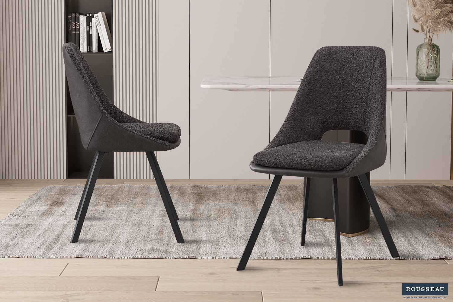 Stoel stravino Bouclé Grijs Rug PU Lichtgrijs
